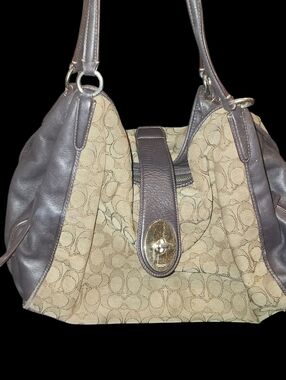 VINTAGE Coach Tan Signature Canvas Shoulder Bag with Brown Leather Trim